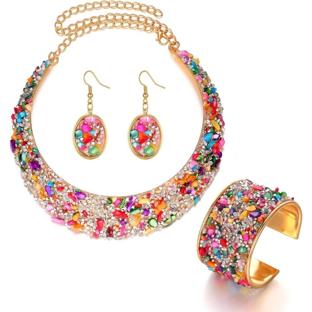 Colorful Rhinestone Collar Necklace Sets for Women Ethnic Bohemian Jewelry